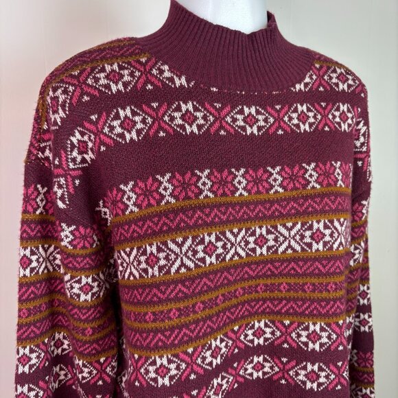 LOFT Sweater Small Burgundy Fair Isle Mock Neck Long Sleeve Holiday Pullover - Picture 2 of 11